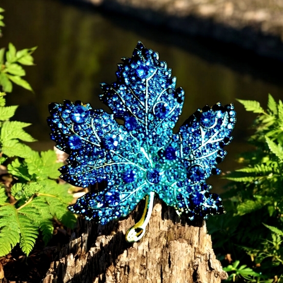 Royal Blue and Teal Rhinestone Maple Leaf Brooch - Picture 1 of 4
